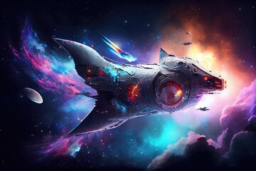 Canvas Print - futuristic spaceship traveling through nebula with colorful and shimmering stars, created with generative ai