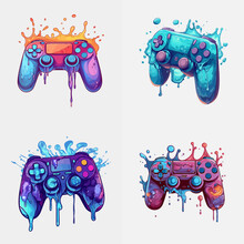 Set Of Melting Video Game Controllers. Console Gamepad Vector Isolated. Vivid Splashes Of Colors.