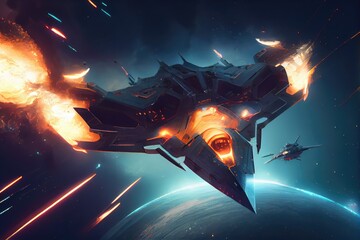 Wall Mural - futuristic spaceship under attack from enemy forces, with lasers and missiles flying in all directio