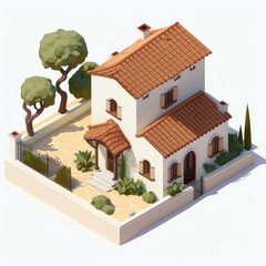 Wall Mural - Mediterranean isometric house model with land isolated on white background. Generative AI.