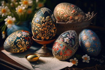 Wall Mural - Easter eggs painted in bright floral ornaments lie on the table in a basket. Generated by AI technology