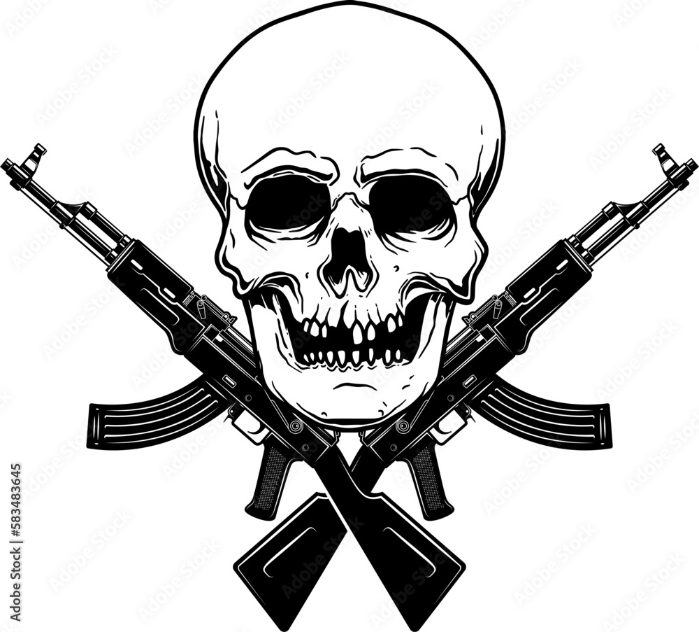 Illustration of the skull with crossed assault rifles. Design element ...