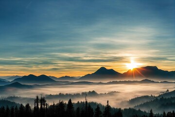 Poster - Misty forest against background of sun rising from behind snowy peaks., created with generative ai