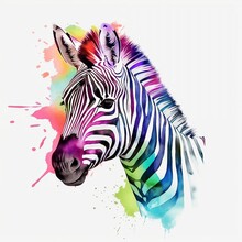 Watercolor Illustration Of A Cute Zebra In A Blank Background, Colorful Splashes Head Portrait, AI Generated