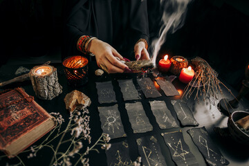 Canvas Print - The woman is holding a smoking dry wood in her hands. Halloween