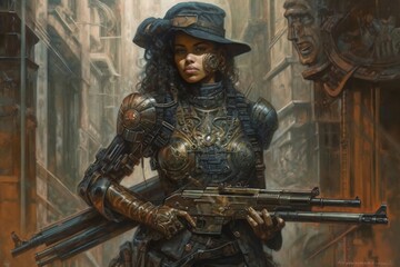 Wall Mural - Very badass colonial marine with firearms, black armored full body portrait, black haired woman. generative AI