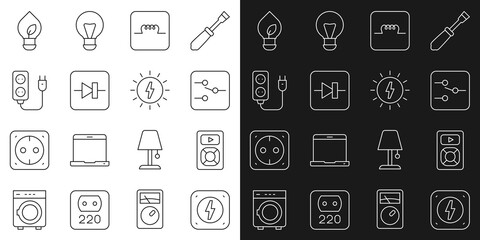 Sticker - Set line Lightning bolt, Music player, Switch electronic circuit, Inductor, Diode, Electric extension, bulb with leaf and Solar energy panel icon. Vector