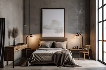 on the brown concrete wall of the industrial bedroom's interior, there is a vertical mock up of a bl