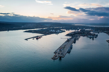 Wall Mural - aerial view of the sea port and industrial zone at sunset in Varna, Bulgaria