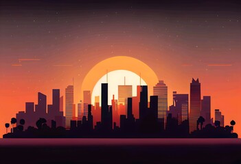 Minimalistic and elegant vector illustration of a city skyline at sunset. Ideal for travel and real estate industries. Generative AI