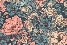 Blue And Pink Vintage Floral Pattern With A Delicate Luxury Look, Generative AI