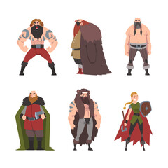 Sticker - Viking Man and Woman Brutal Characters as Warriors with Weapon Vector Set