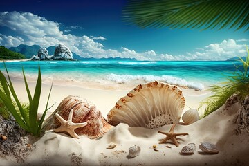 Wall Mural - Landscape with seashells on tropical beach - summer holiday illustration generative ai