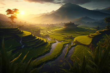 Sticker - A peaceful view of the rice terraces in Bali, Indonesia, with the verdant fields stretching out in all directions and the sun setting over the distant mountains - Generative AI