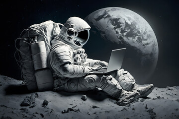 Wall Mural - astronaut in outer space working on a laptop. neural network ai generated art