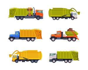 Sticker - Garbage Truck for Transporting Solid Waste to Recycling Center Vector Set