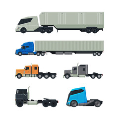 Wall Mural - Cargo Tractor Trailer Truck as Heavy-duty Towing Engine Side View Vector Set