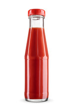 Glass Bottle Of Red Tomato Ketchup Isolated On White With Clipping Path. Popular Condiment.