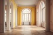 Neoclassical architecture concept, empty room interior design in white and yellow pastel tones, parquet wood floor, molded walls, arched doors with curtains,. Generative AI