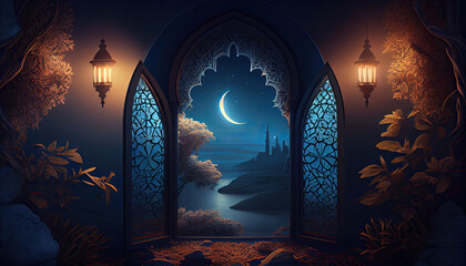 Mystical window with crescent moon in night sky. generative Ai	