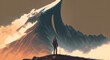 © MG - man standing on a hill looking at the strange mountain, digital art style, illustration painting, Generative AI