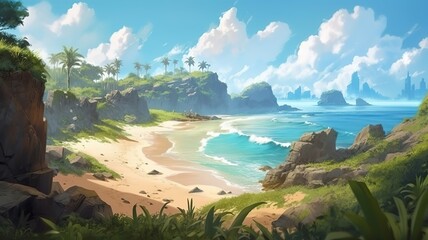 Beach Fantasy Backdrop, Concept Art, CG Artwork, Realistic Illustration with Generative AI
