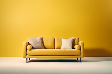 Wall Mural - Soft yellow sofa on yellow background, 3D illustration, AI generated image. Modern minimalistic living room interior detail. Cosiness, social media and sale concept, creative advertisement idea