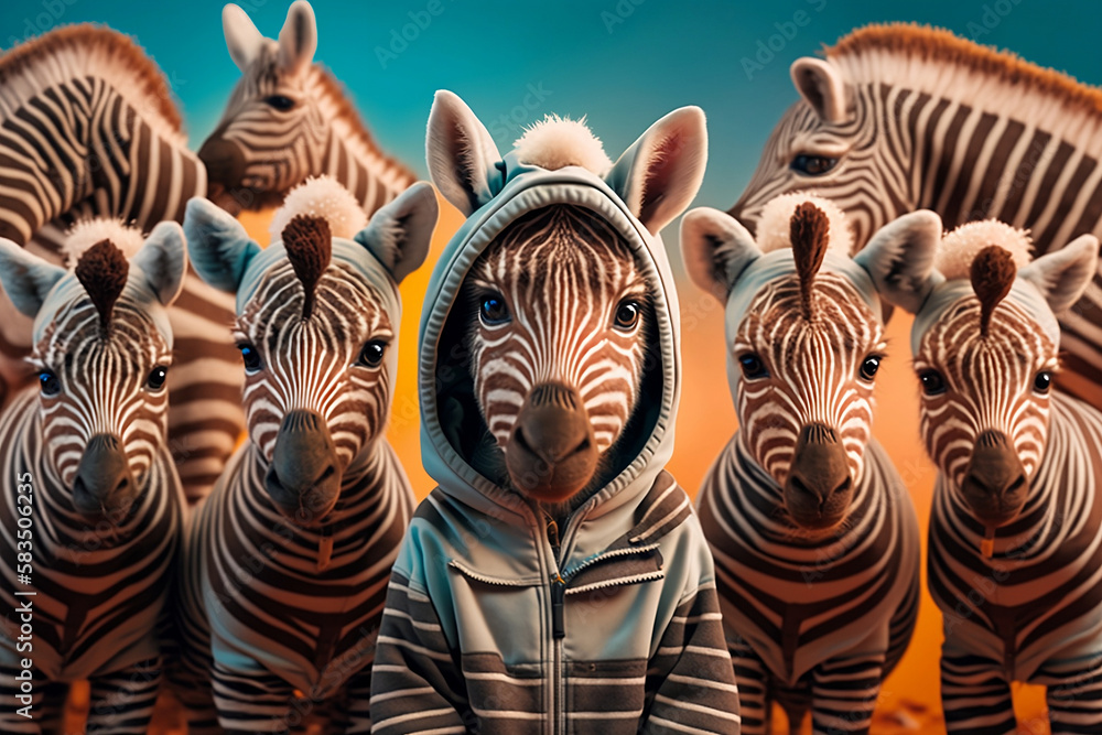 Baby zebras wearing plain color hoodies with vivid color bomb explosion ...