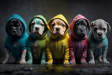 Group Of Baby Dog Puppies Wearing Plain Color Hoodies With Vivid Color Bomb Explosion Backgrounds, Cute And Adorable Animals, Explosive Colorful Backgrounds, Digital Art. Generative AI