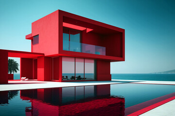 Wall Mural - Contemporary red residential villa with modern architecture, swimming pool and sea view. Generative AI illustration