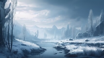 Wall Mural - Winter Nature Fantasy Backdrop, Concept Art, CG Artwork, Realistic Illustration with Generative AI
