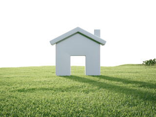 House symbol with empty grass floor. 3d rendering of green lawn and home icon.