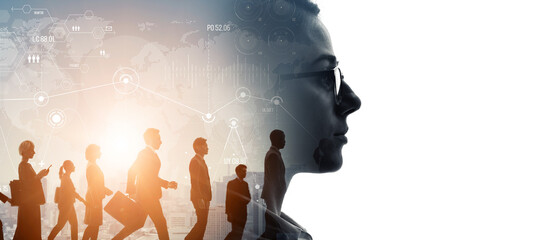 Poster - Profile of businesswoman and walking group of people. Management strategy concept. Wide angle visual for banners or advertisements.
