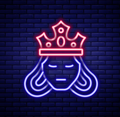 Wall Mural - Glowing neon line Princess or queen wearing her crown icon isolated on brick wall background. Medieval lady. Colorful outline concept. Vector