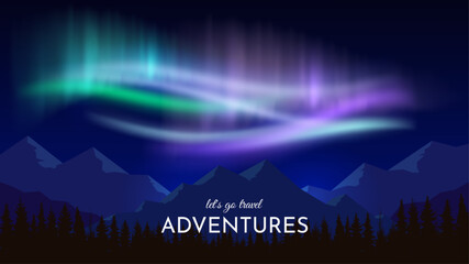 Wall Mural - Northern Lights in the Arctic. A bright glow in the night sky. Aurora landscape flat style design. Silhouettes of mountains in the foreground. Vector illustration. Design for banner, background.