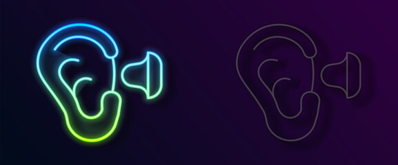 Wall Mural - Glowing neon line Earplugs and ear icon isolated on black background. Ear plug sign. Noise symbol. Sleeping quality concept. Vector