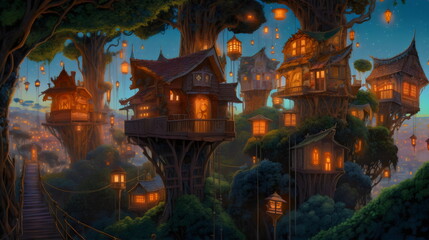 fantasy treehouse village concept illustration created with generative ai	