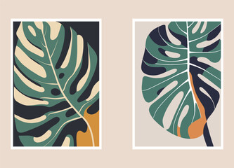 Wall Mural - Set of two posters with tropical monstera leaves. Vector illustration.