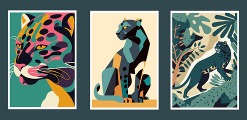 set of vector posters with leopards and tropical leaves. collection of cards with wild animals.