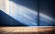 Leinwandbild Motiv Blue empty wall and wooden floor with interesting light glare. Interior background  for the presentation.