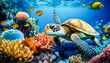 Colorful tropical fish and turtle life in the coral reef, animals of the underwater sea world, Generative AI