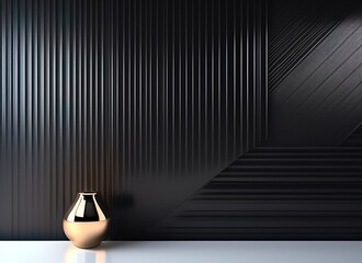Poster - A beautiful black empty textured wall and a golden vase on a smooth floor. Interior background for presentation, AI generated.