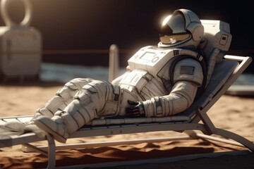 Wall Mural - Astronaut Relaxing in Space: Embark on a Science Fiction Adventure with Lone Explorer in Blue Space Suit Sitting on Moon Rock Chair, Gazing at Planet and Stars Futuristic Technology Illustration