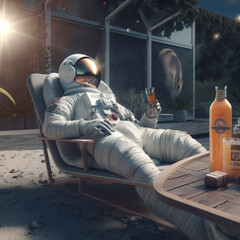 Wall Mural - Astronaut Relaxing in Space: Embark on a Science Fiction Adventure with Lone Explorer in Blue Space Suit Sitting on Moon Rock Chair, Gazing at Planet and Stars Futuristic Technology Illustration