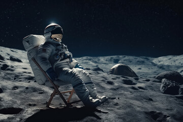 Wall Mural - Astronaut Relaxing in Space: Embark on a Science Fiction Adventure with Lone Explorer in Blue Space Suit Sitting on Moon Rock Chair, Gazing at Planet and Stars Futuristic Technology Illustration