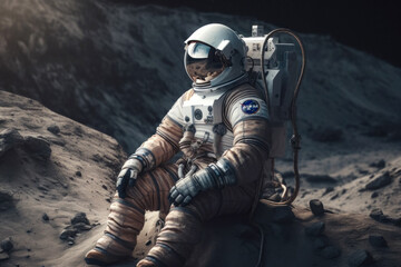 Wall Mural - Astronaut Relaxing in Space: Embark on a Science Fiction Adventure with Lone Explorer in Blue Space Suit Sitting on Moon Rock Chair, Gazing at Planet and Stars Futuristic Technology Illustration