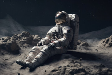 Wall Mural - Astronaut Relaxing in Space: Embark on a Science Fiction Adventure with Lone Explorer in Blue Space Suit Sitting on Moon Rock Chair, Gazing at Planet and Stars Futuristic Technology Illustration