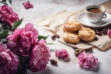 Wall Mural - coffee with cookies and a peony. cherries. Generative AI