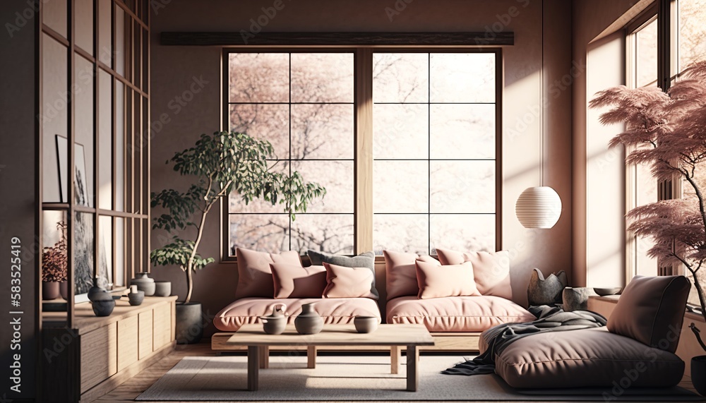 Japandi style pink powder colored living room interior with sofa and ...