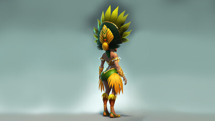 Sticker - 3D Render, Rear View of Brazilian Female Samba Dancer Character Posing In Feathered Costume And Copy Space.